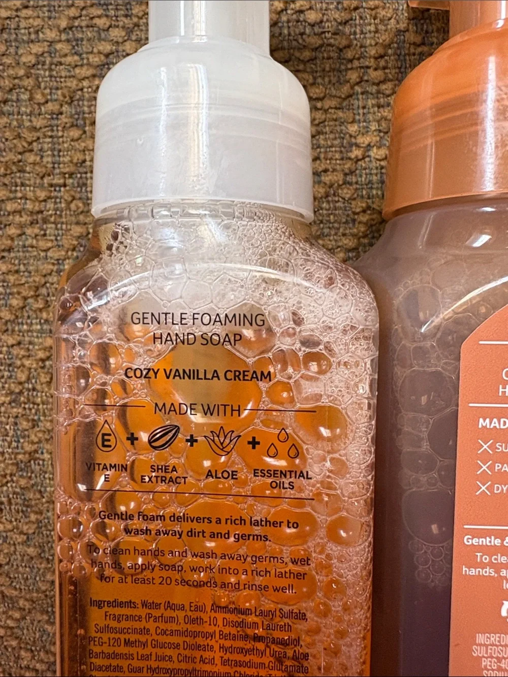 Bath and body foam soap set in cozy vanilla cream and white coconut caramel